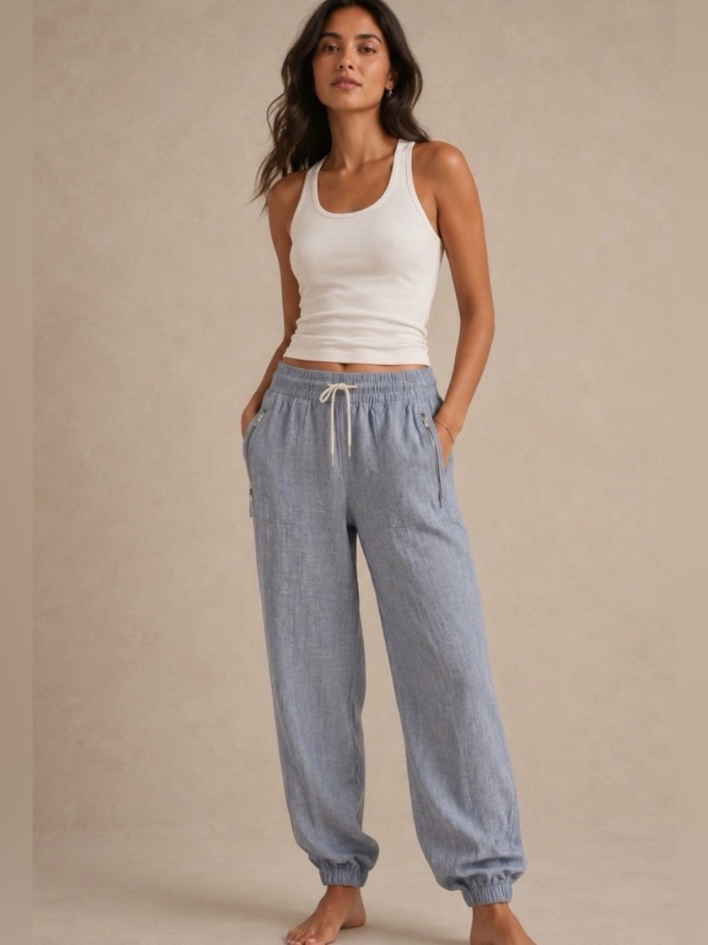 Athleta Cabo Linen Jogger Pants Drawstring Pockets Blue Beachy Coastal Size 12